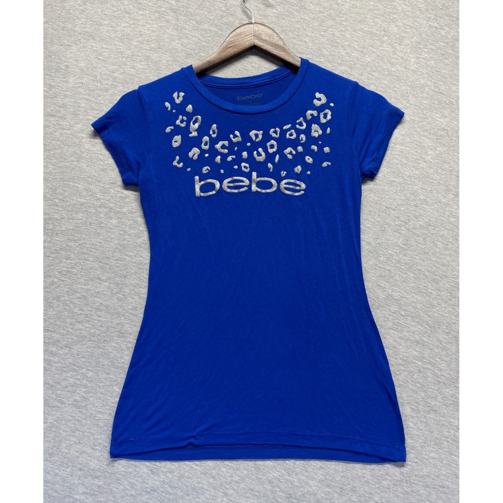 Bebe T Shirt Womens Small Royal Blue Silver Glitter Graphic Spellout Logo Casual
